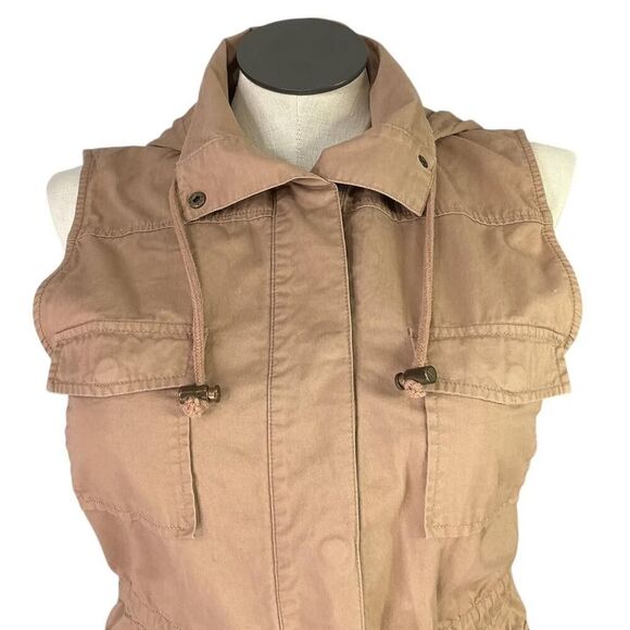 Love Tree Utility Vest Womens L Brown Cotton Cargo Pockets Snaps Hood Sleeveless - Picture 2 of 8